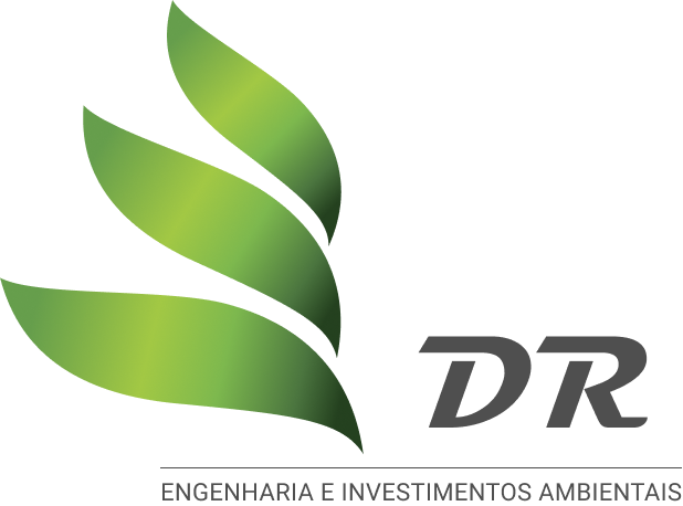 [logotipo] DR Engenharia e Investimentos Ambientais, o símbolo é composto por formas simplificada de 3 folhas verdes que estão agrupadas formando uma asa.